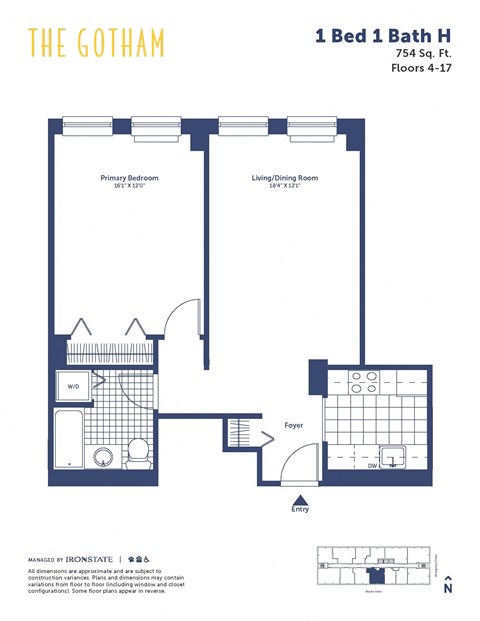 Floor plan for 1 bed, 1 bath, 754 sqft